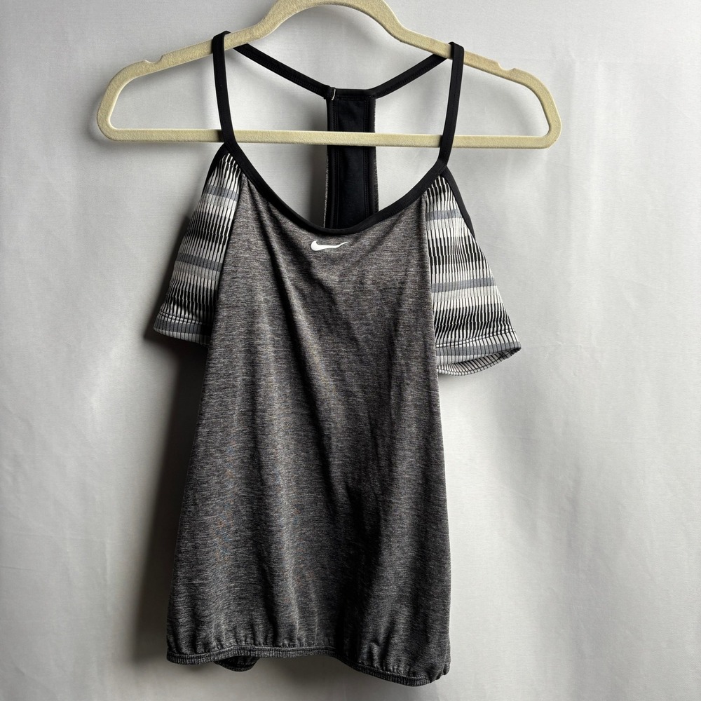 Nike Womens Texture Stripe Layered‎ Tankini Top Swim Outdoor L Gray Athletic